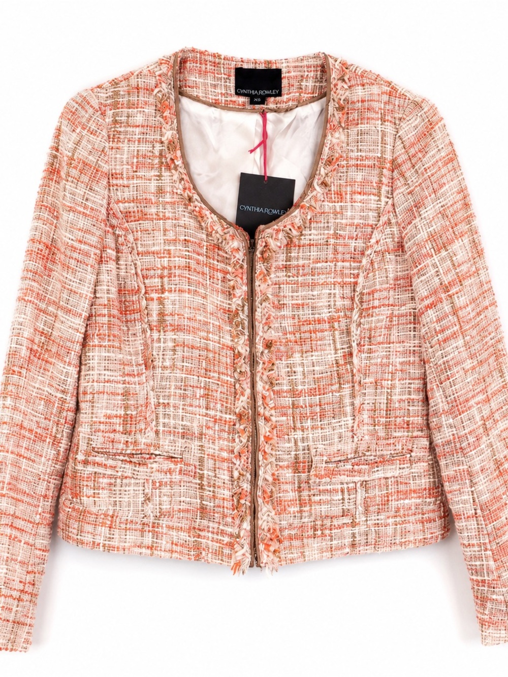 Cynthia Rowley Coral Cream Tweed Bouclé Fringe Zip Jacket Blazer - Picture 2 of 15